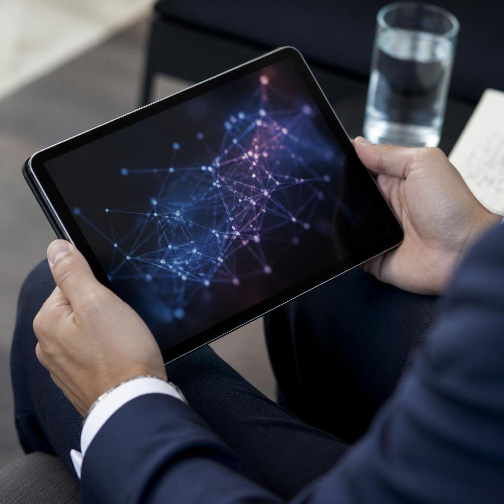 Close-up of a business executive’s hands holding a tablet with a stylised AI network diagram on the screen.