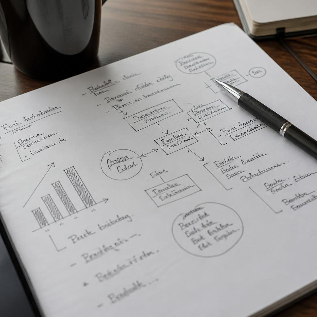 A close-up of a handwritten business growth plan with notes and diagrams, a pen resting on the paper.