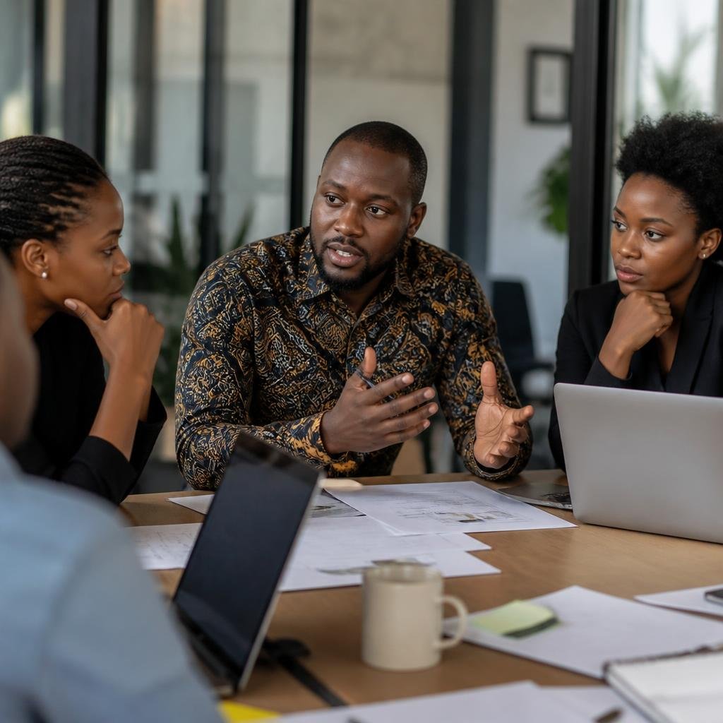 An African entrepreneur leading a small team discussion, with business plans and laptops on the table.