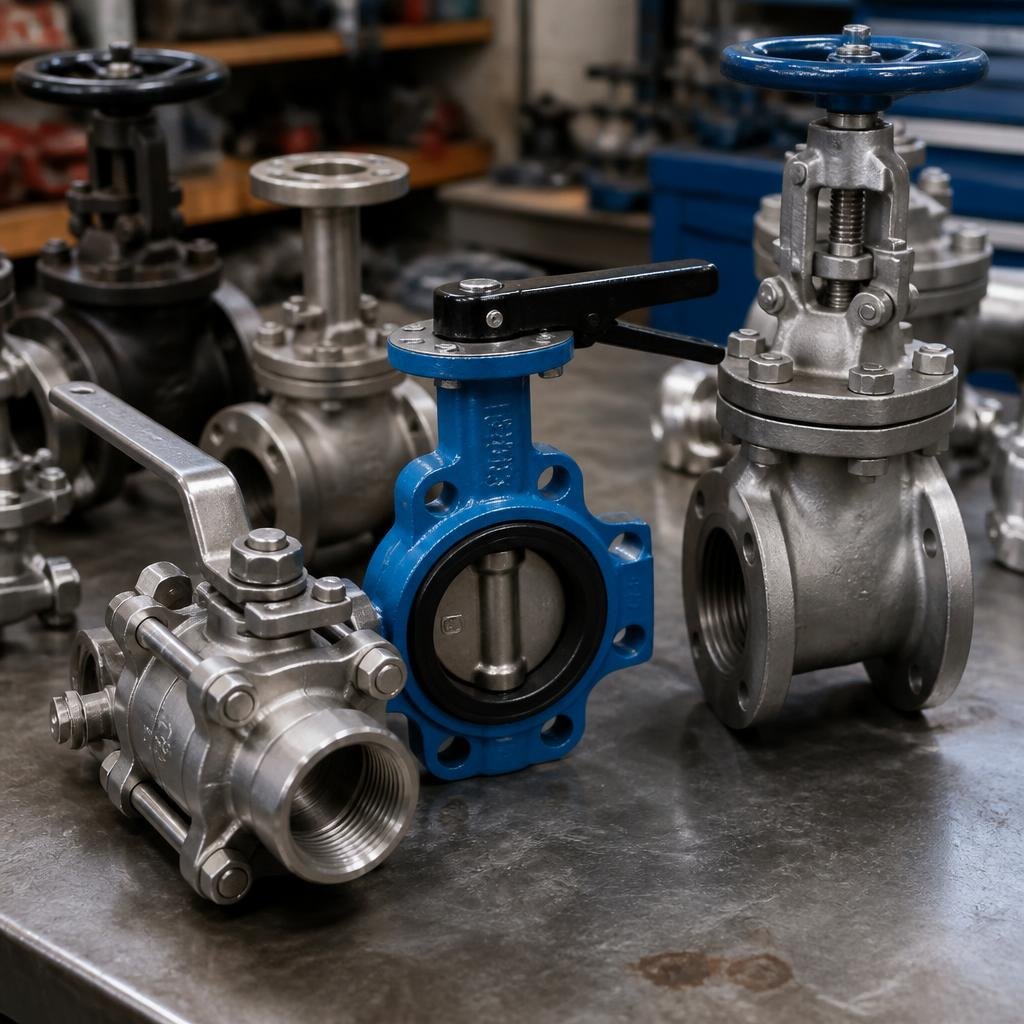 Close-up of various industrial control valves—ball, butterfly, and gate—arranged on a metal workbench.