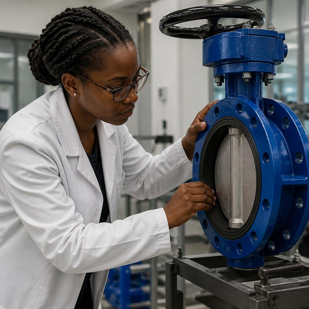 An African woman engineer in a lab coat examining a large butterfly valve on a test bench.