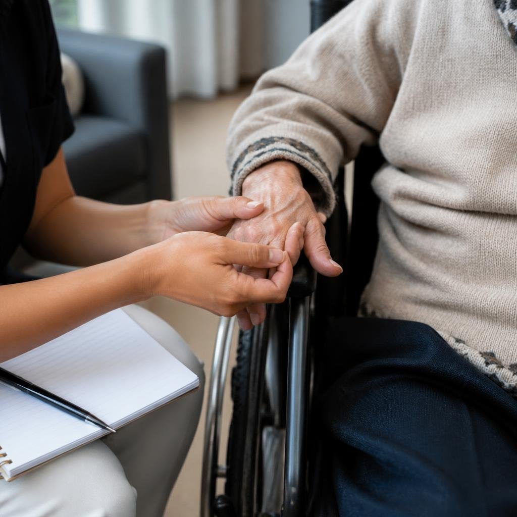 Close-up of a caregiver’s hands gently assisting an elderly person in a wheelchair, with a notepad and pen visible.