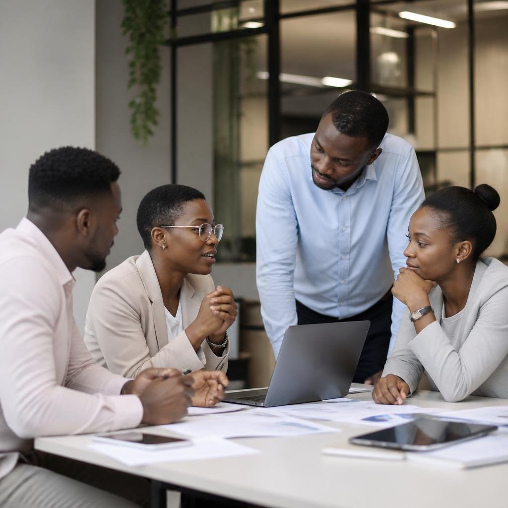 A group of African professionals in an office setting, collaborating around a table with documents and laptops, discussing a team project.