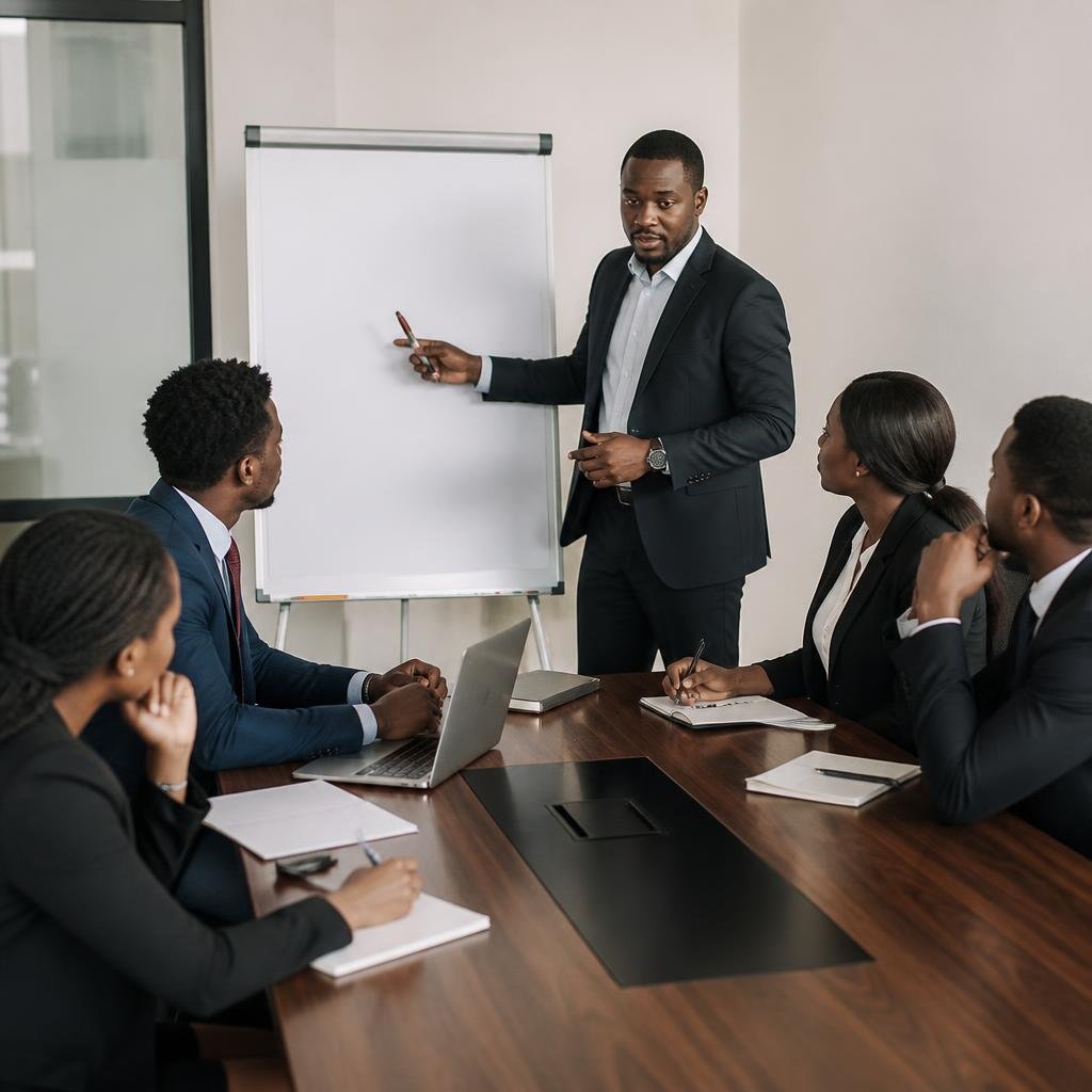 A group of African professionals in business attire gathered around a conference table, one person presenting with a flip chart.