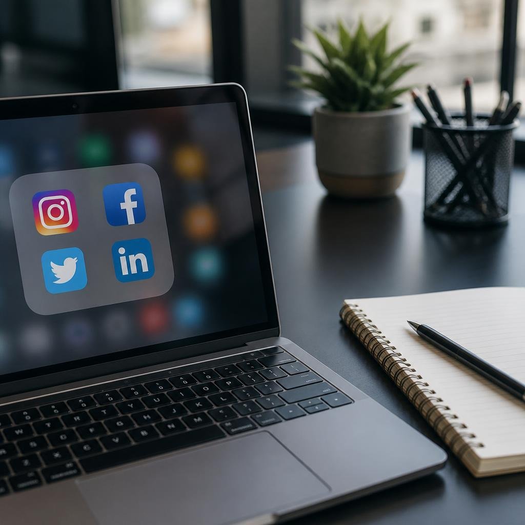 Close-up of a laptop with social media icons on the screen, next to a notebook and pen on a modern desk.