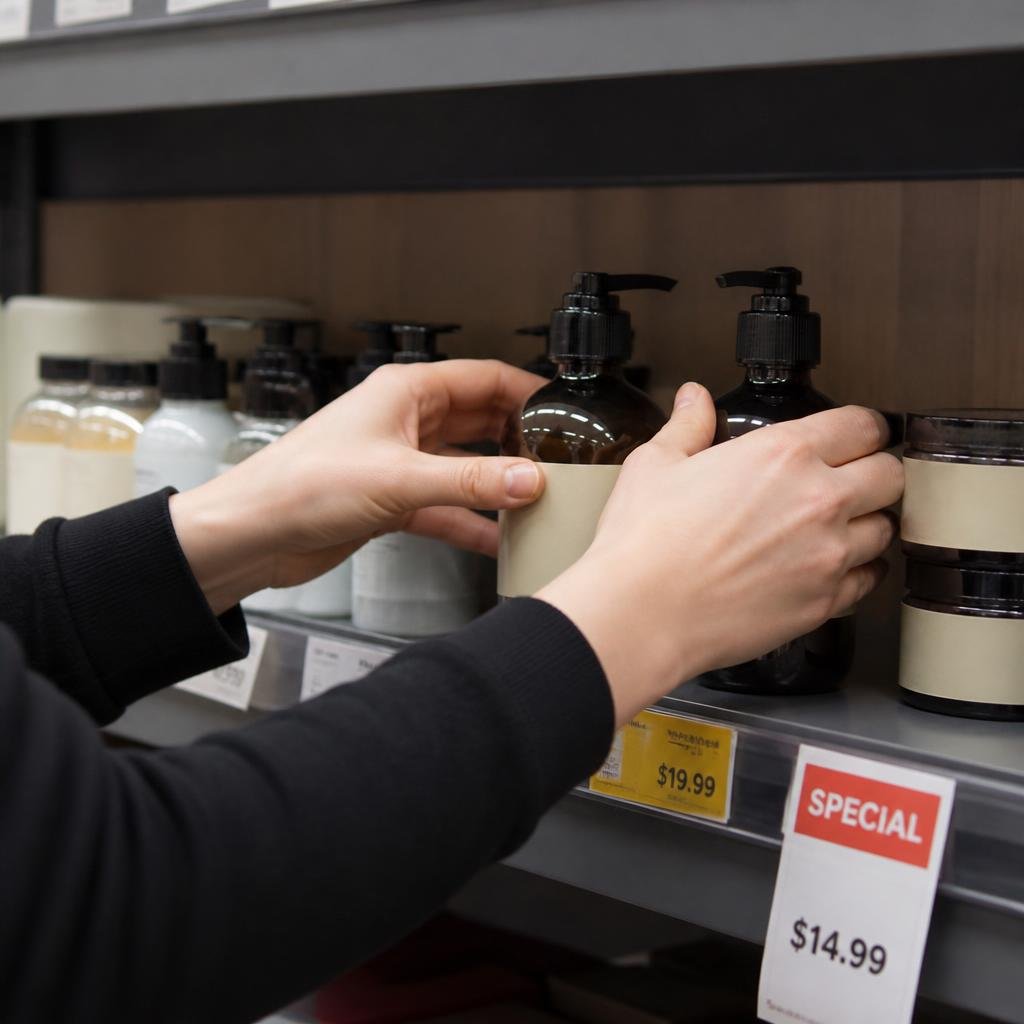 Close-up of hands arranging products on a retail shelf, with price tags and promotional signs visible.