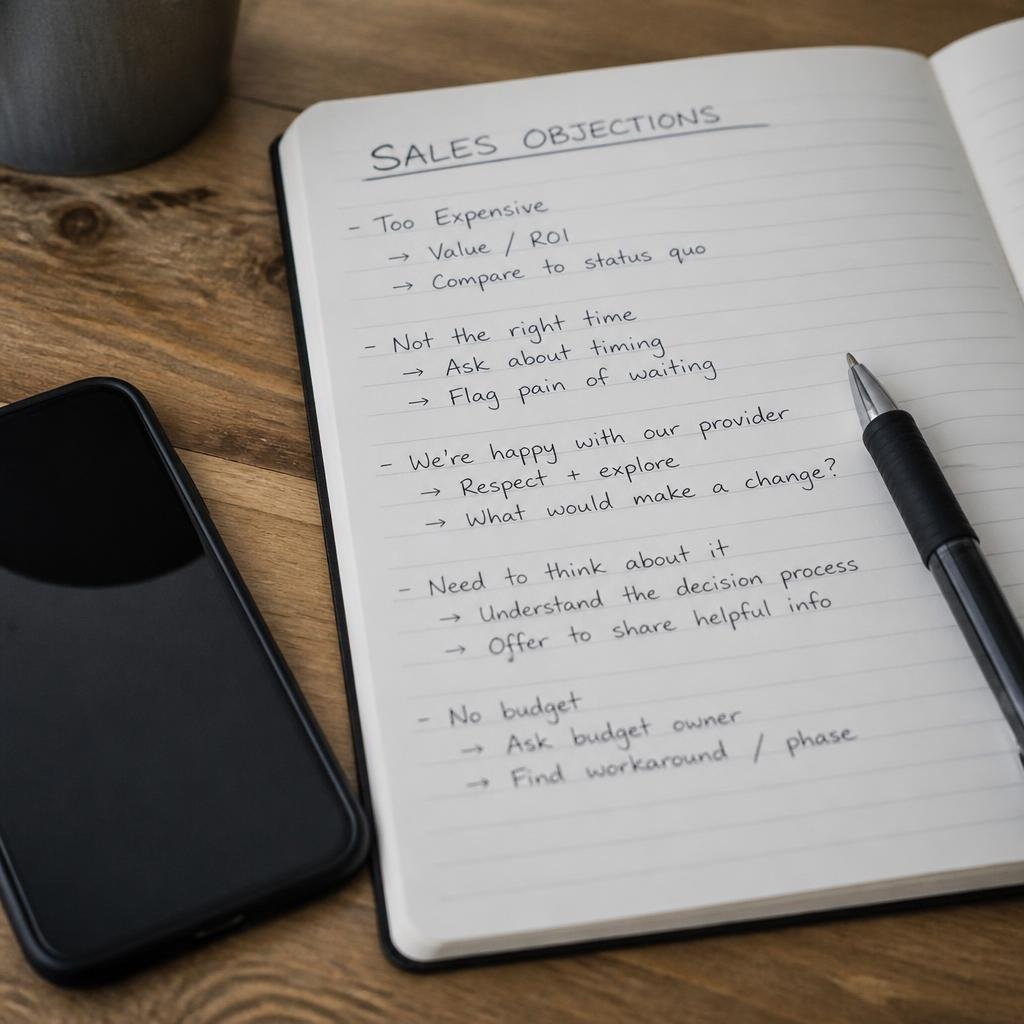 Close-up of a notebook with sales objection notes, a pen, and a smartphone on a wooden desk.