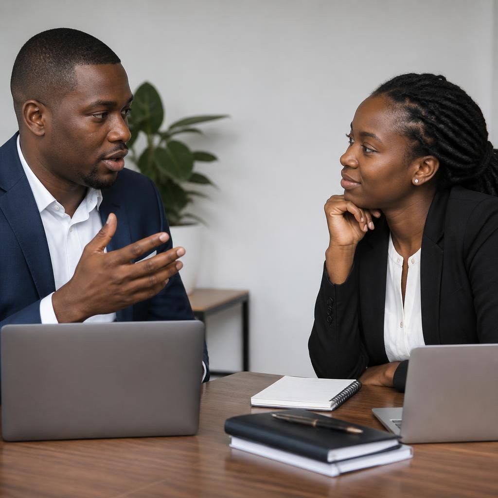 Two African business professionals in a meeting, one speaking and the other listening attentively, with open laptops and notepads.