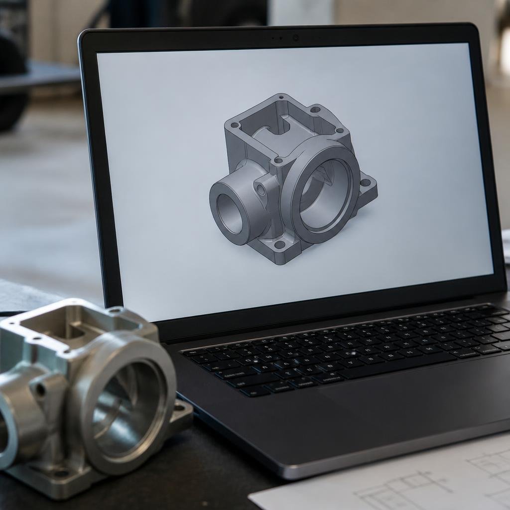 Close-up of a laptop screen displaying a SolidWorks 3D model, with a mechanical part beside it on a desk.