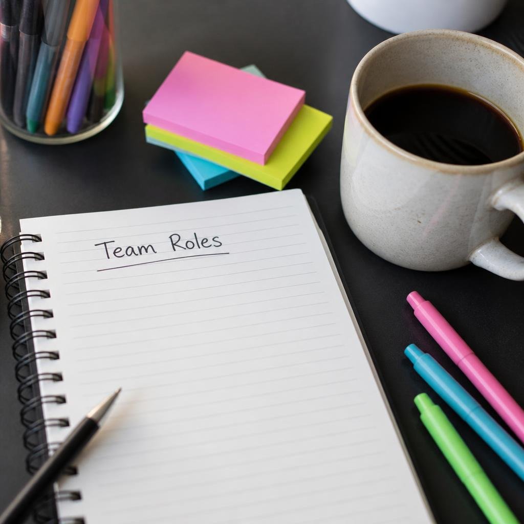 Close-up of a notepad with “Team Roles” written at the top, surrounded by coloured pens and a cup of coffee on a modern office desk.