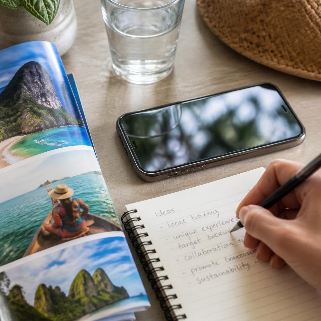 Close-up of a colourful travel brochure, a smartphone displaying a tourism website, and a notebook with handwritten marketing ideas.