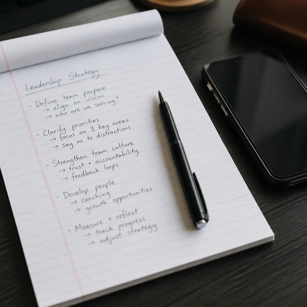 Close-up of a notepad with leadership strategy notes and a pen, next to a smartphone on a modern office desk.