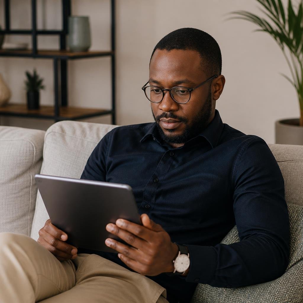 An African man in his 30s, dressed in smart-casual businesswear, watching a leadership training video on a tablet at home.