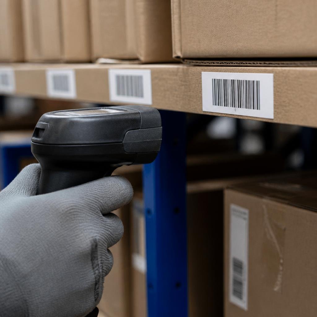 Close-up of a barcode scanner and inventory labels on warehouse shelving.