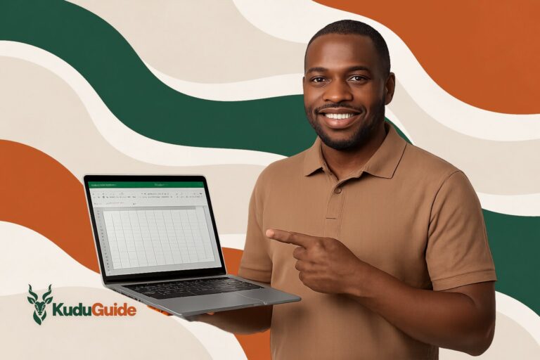 A man holding a laptop - cover of the KuduGuide guide to Digital Literacy (Digital Content Creation)