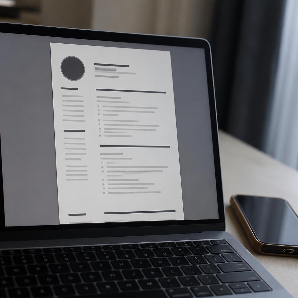 A laptop screen showing a CV template in a word processor - illustration for the KuduGuide guide to Digital Literacy (Digital Content Creation)