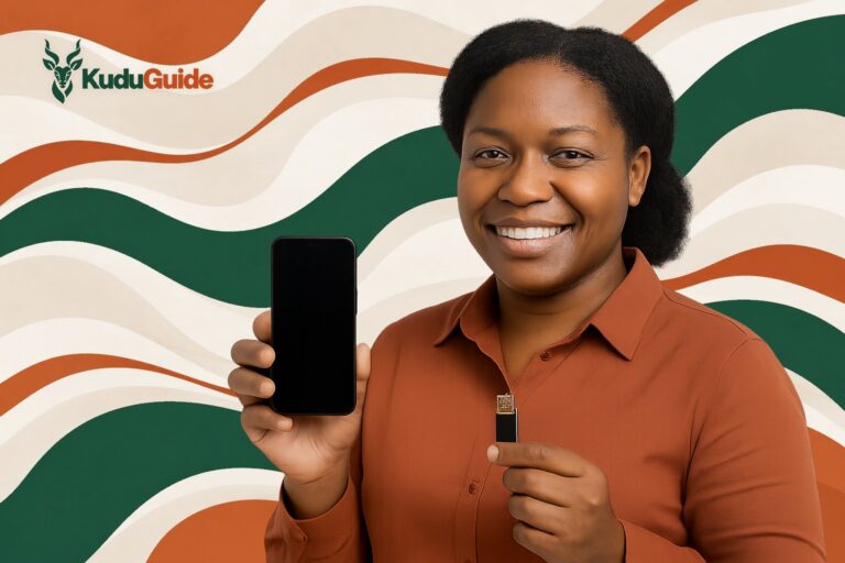 A woman holding a smartphone and a USB flash drive - cover of the KuduGuide guide to Digital Literacy (Information & Data Literacy)