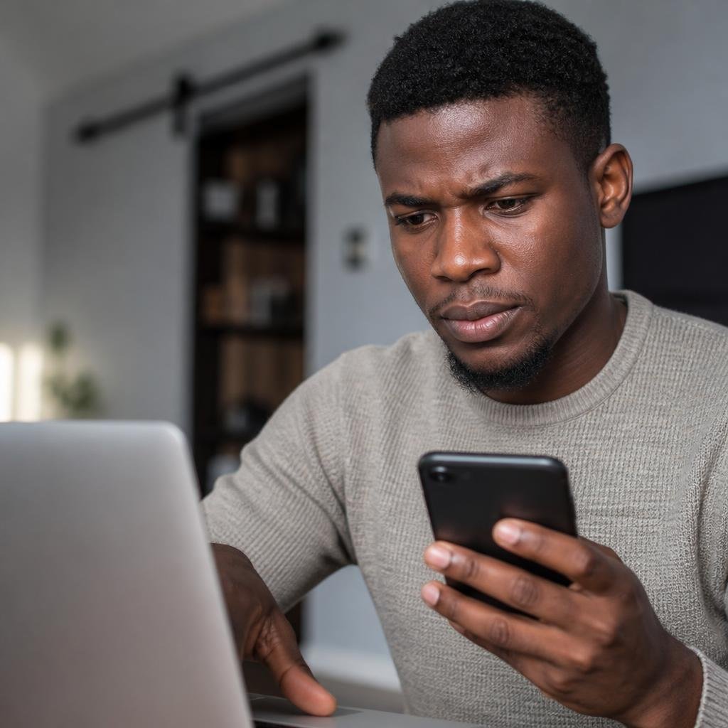 A man using a laptop and smartphone to look up troubleshooting steps online - illustration for the KuduGuide guide to Digital Literacy (Problem Solving)